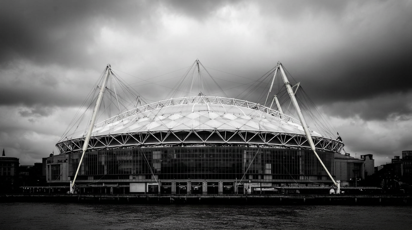 The O2 Arena in London, black and white